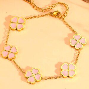 18K GOLD DIPPED 4 HEARTS FORMING CLOVERS PINK RIMMED IN GOLD CHAIN BRACELET